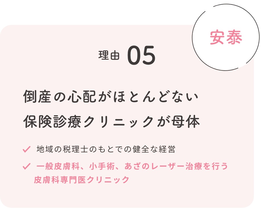 理由05【安泰】倒産の心配がほとんどない保険診療クリニックが母体 ・地域の親里のもとでの健全な経営 ・一般皮膚科、小手術、あざのレーザー治療を行う皮膚科専門医クリニック